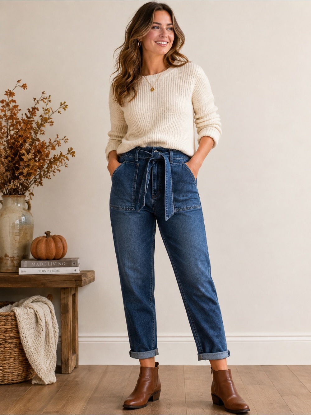 Boden Patch Pocket Girlfriend Jeans 12R Tie Waist Belt Cuffed Straight Leg Denim